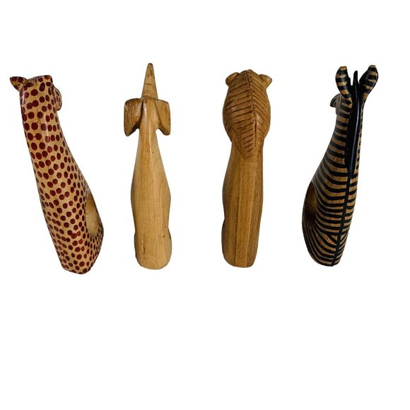 Wooden Carved Safari Animals Napkin Rings 4 Holder Zebra Leopard Tiger Elephant - Picture 4 of 16